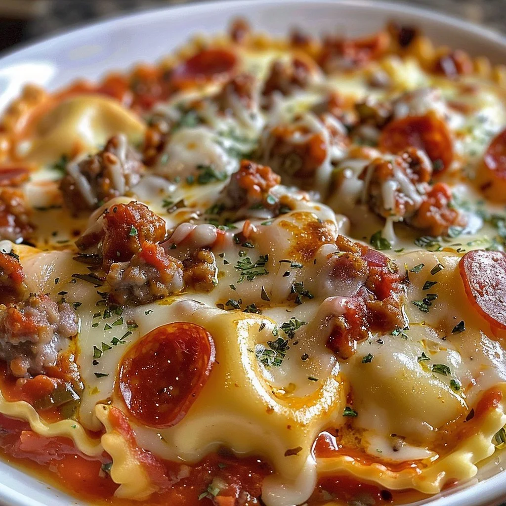 Cheesy pizza ravioli bake topped with melted cheese and herbs.