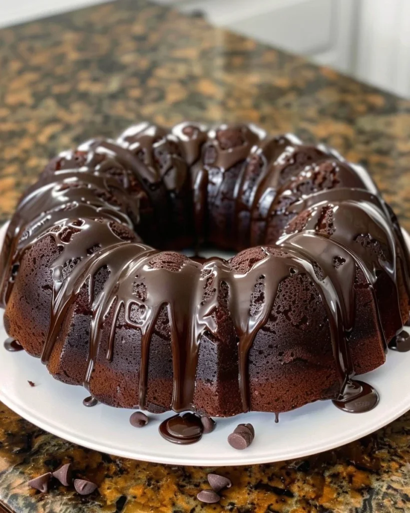 Delicious homemade Chocolate Bundt Cake on a white plate