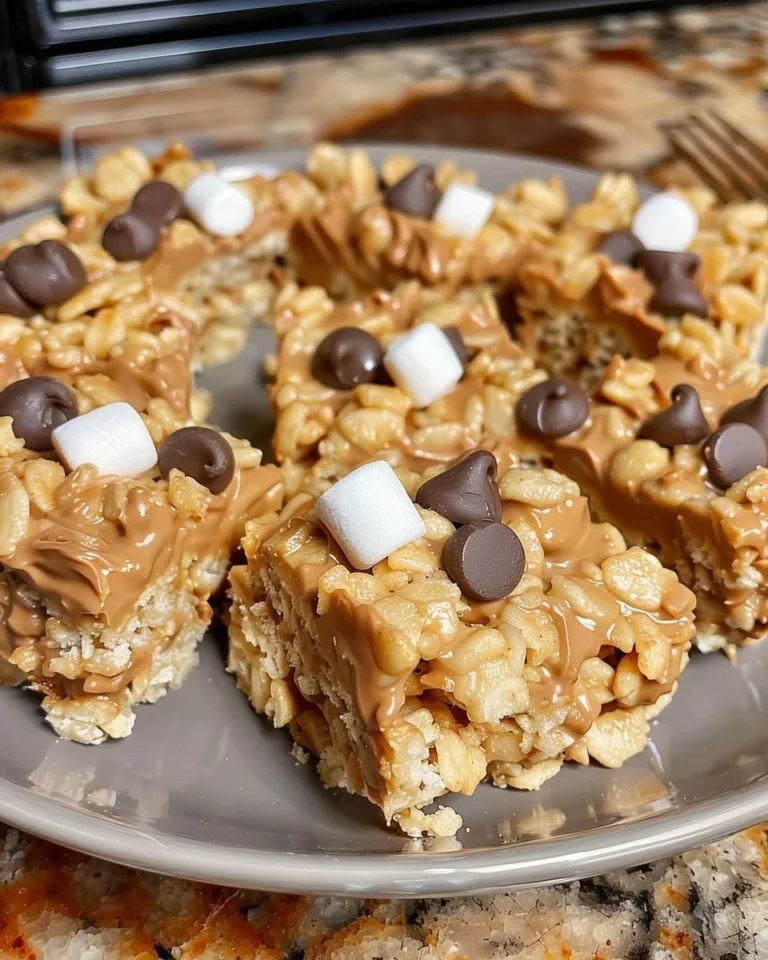 Delicious Chocolate Peanut Butter Rice Crispy Treats stacked on a plate