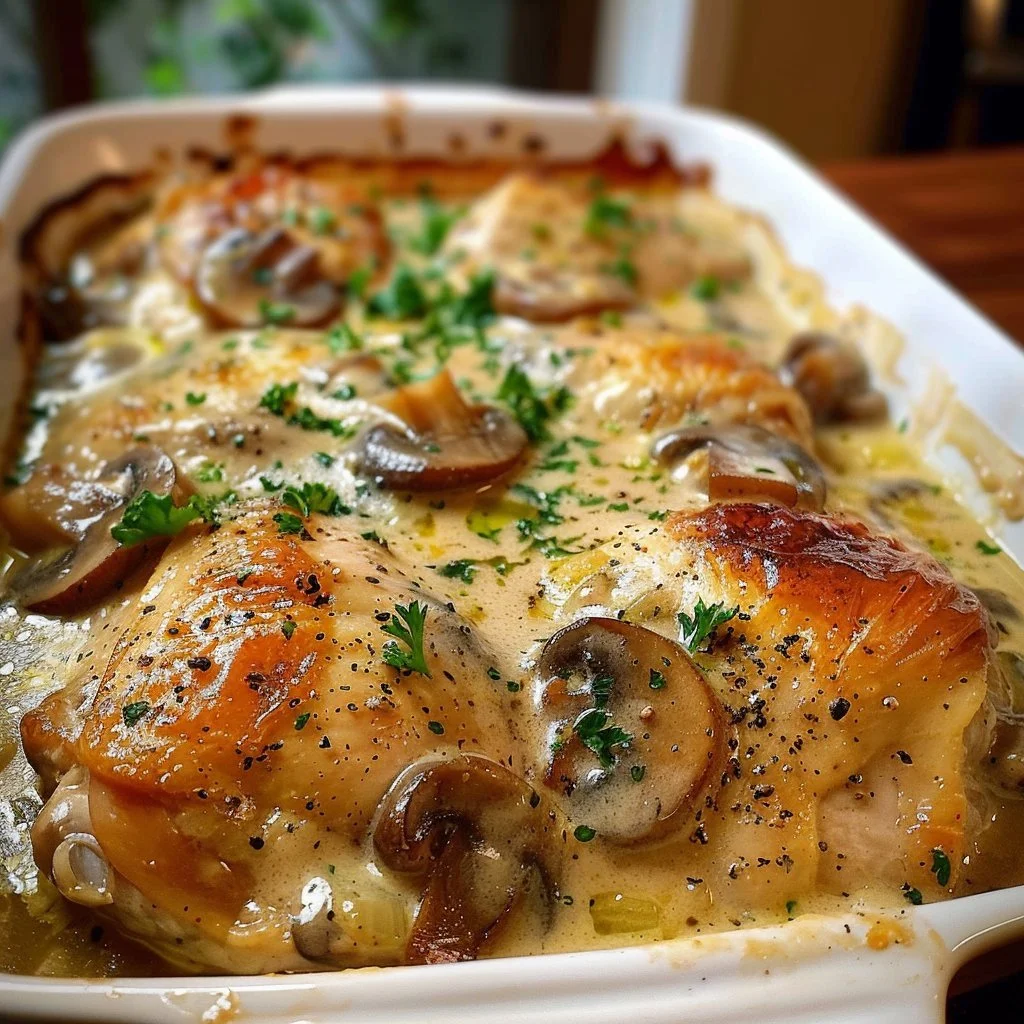 Creamy baked chicken with mushrooms, a flavorful comfort dish