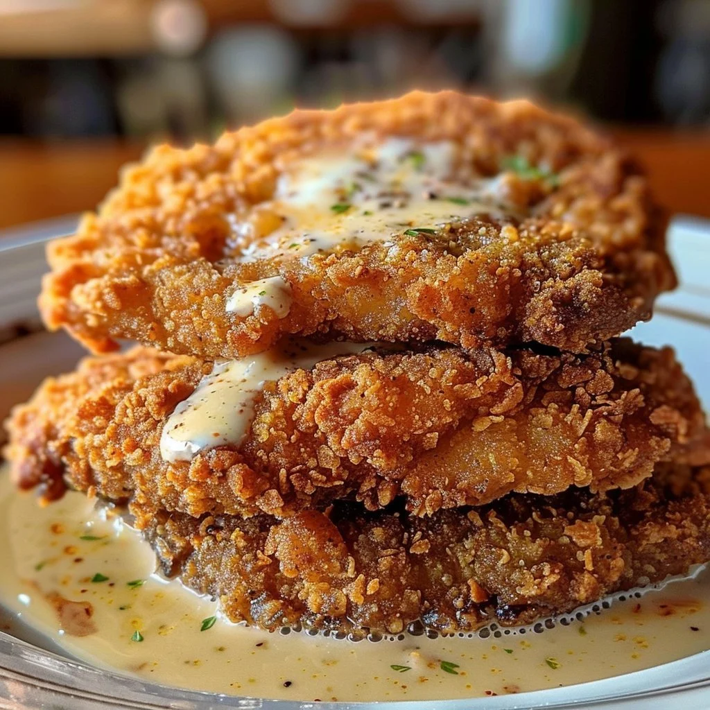 Crispy buttermilk chicken fried steak ready to enjoy with delicious gravy.