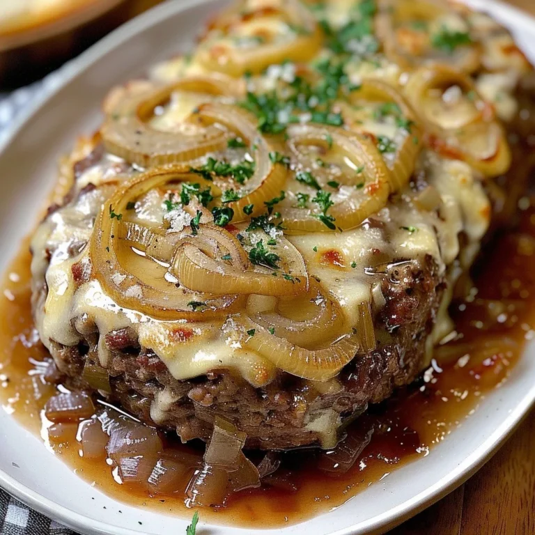 Crockpot French Onion Beefloaf topped with caramelized onions and cheese.