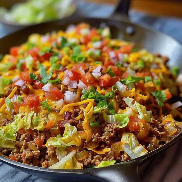 Ground beef taco cabbage skillet served in a pan with colorful vegetables