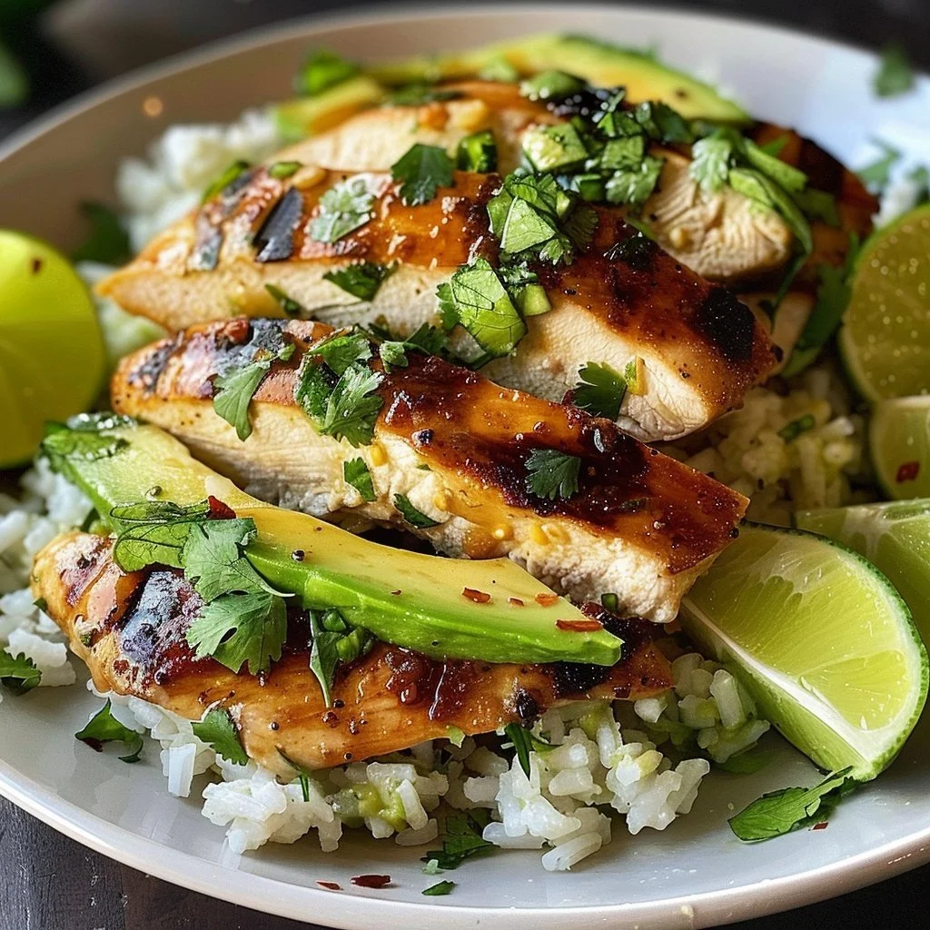 Honey Lime Chicken with Avocado Rice plate
