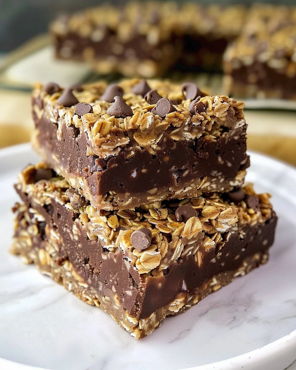No Bake Chocolate Oatmeal Bars on a plate with chocolate drizzle