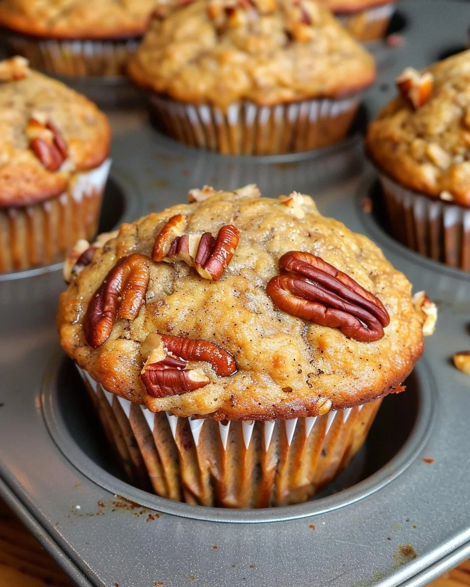 Freshly baked pecan banana muffins on a cooling rack