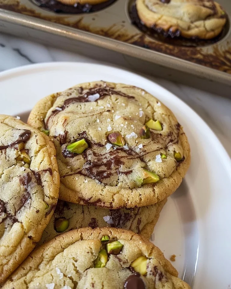 Delicious salted pistachio dark chocolate chip cookies on a rustic plate