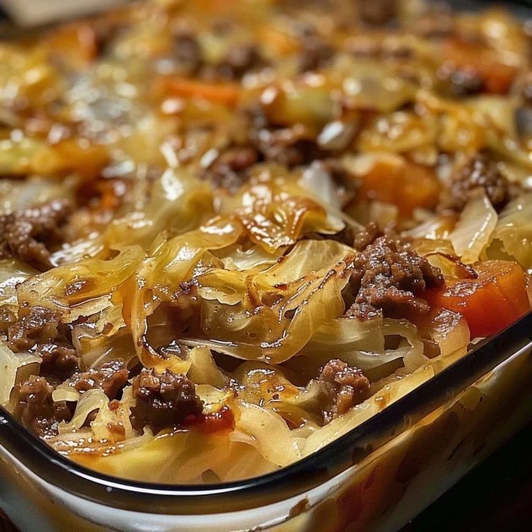 Savory Cabbage Beef Bake topped with melted cheese and herbs in a baking dish.