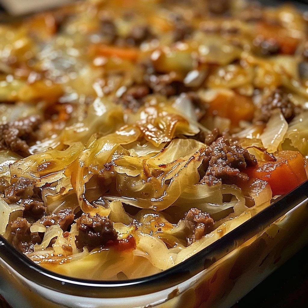 Savory Cabbage Beef Bake topped with melted cheese and herbs in a baking dish.