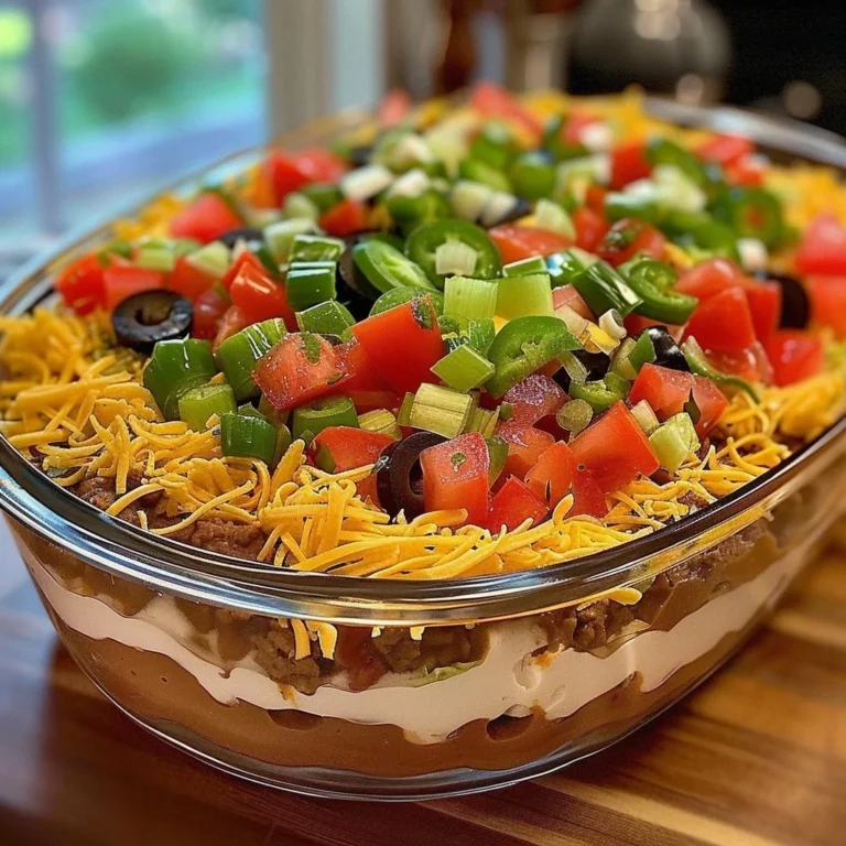 Delicious Seven-Layer Taco Dip served in a colorful dish with fresh ingredients
