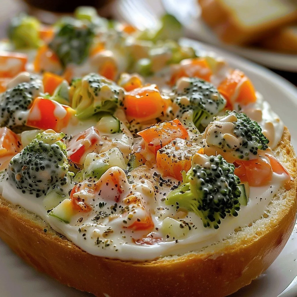 Veggie cream cheese spread on a bagel topped with vegetables